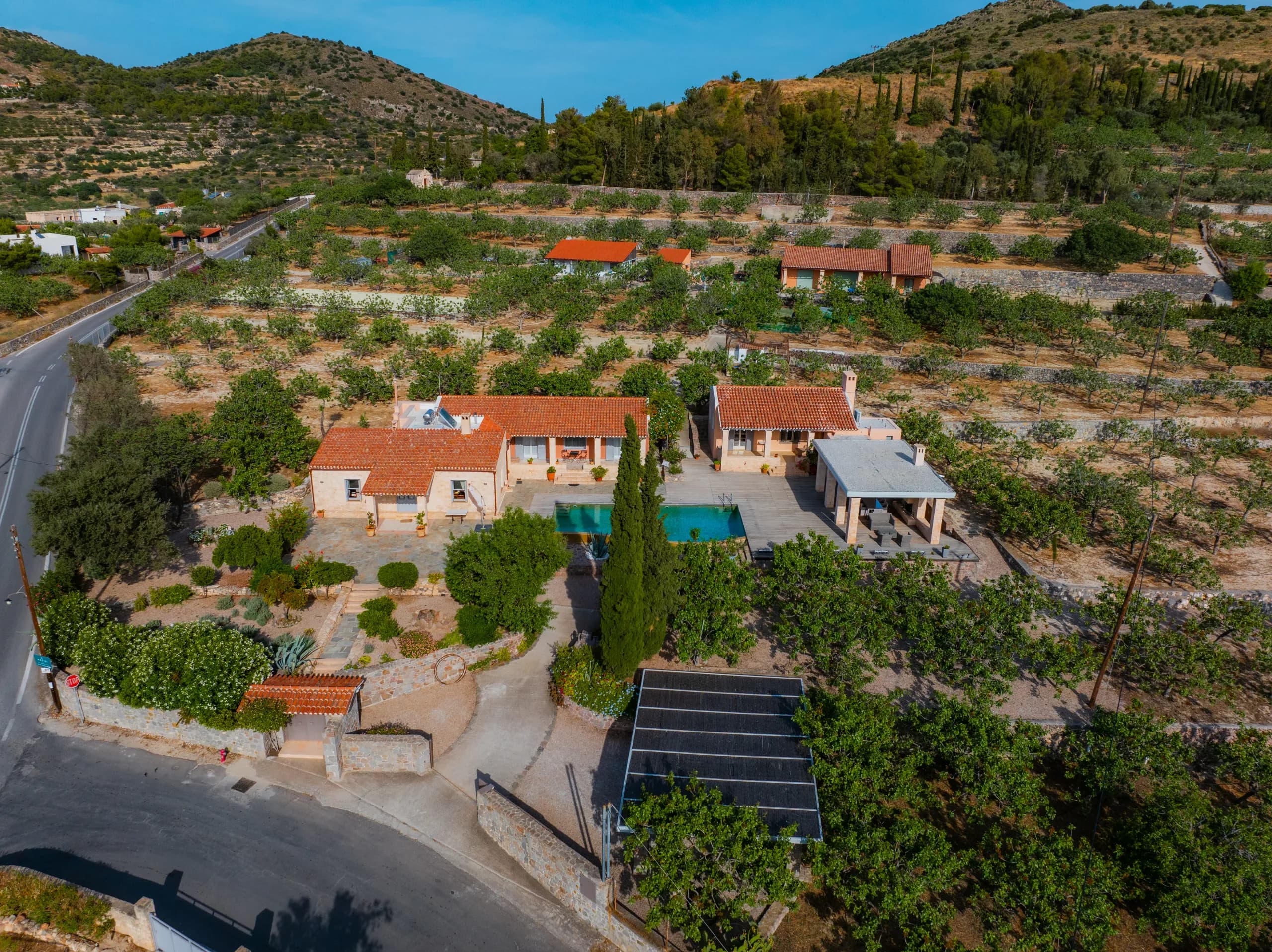 Aerial view of a villa with a terracotta roof among olive trees