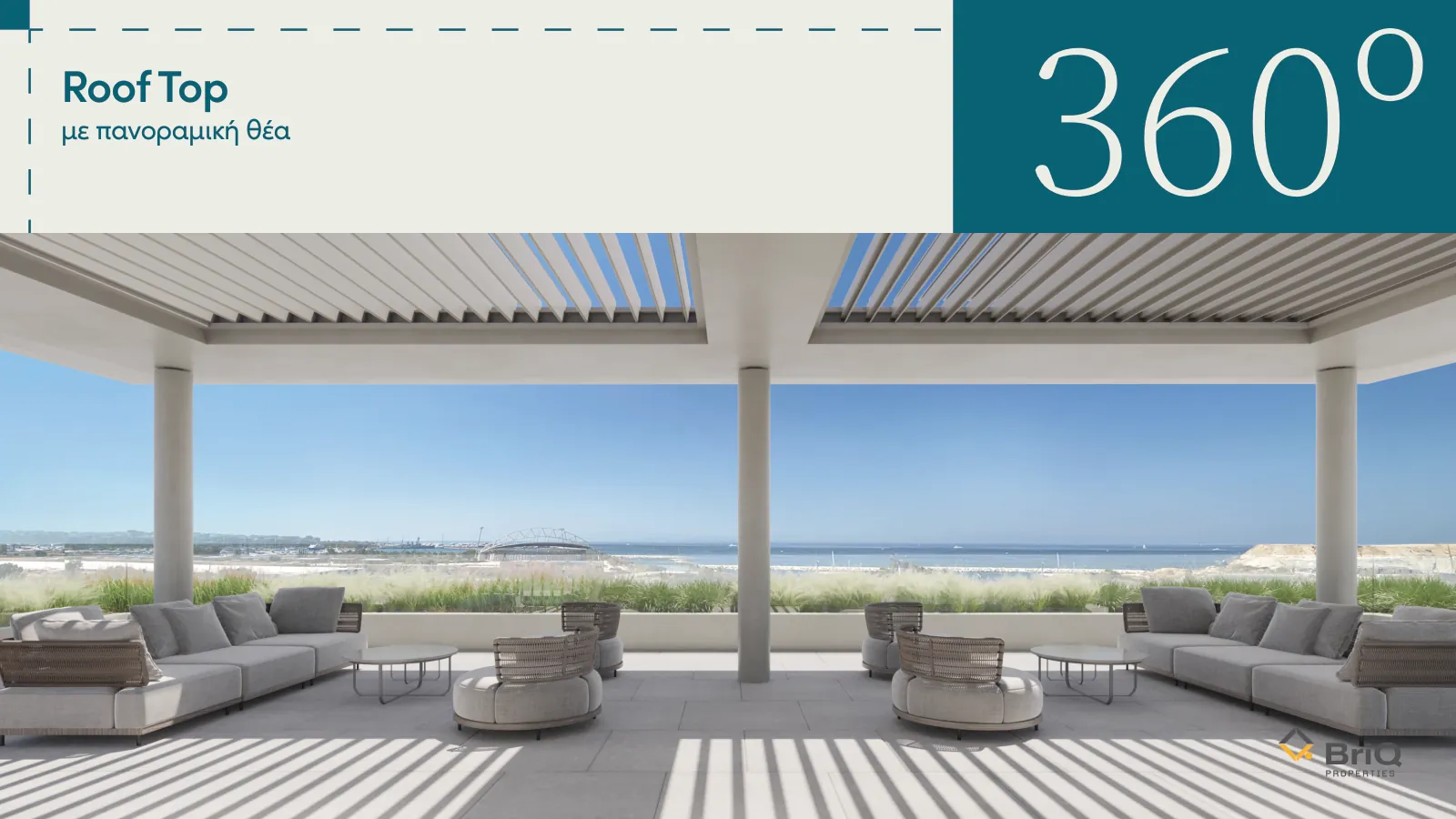 An Aenora Offices brochure page showing the roof terrace and its view