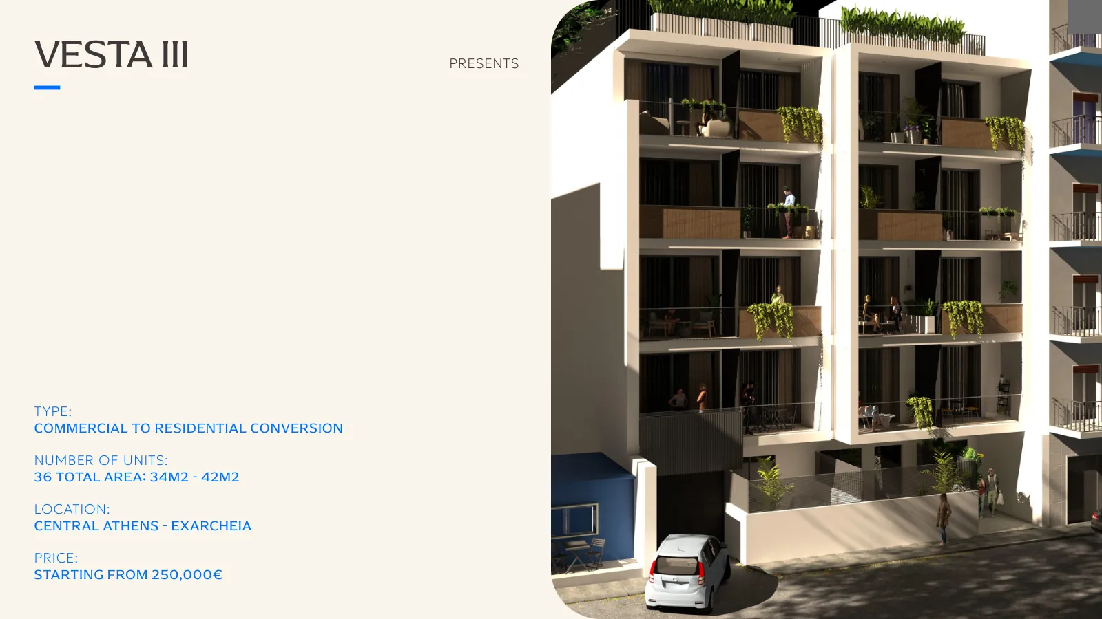 A Vesta III brochure page listing the unit types, areas and starting price beside a render