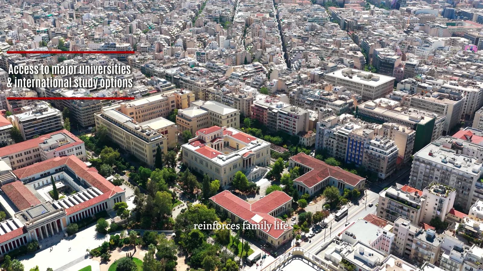 Aerial view over central Athens showing tree lined streets and low rise apartment blocks