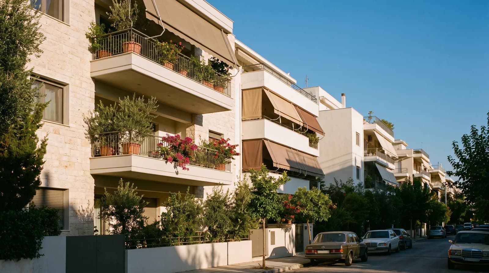 Σύγχρονες πολυκατοικίες σε ήσυχο δρόμο της Αθήνας στο απογευματινό φως, με φυτεμένα μπαλκόνια και τέντες