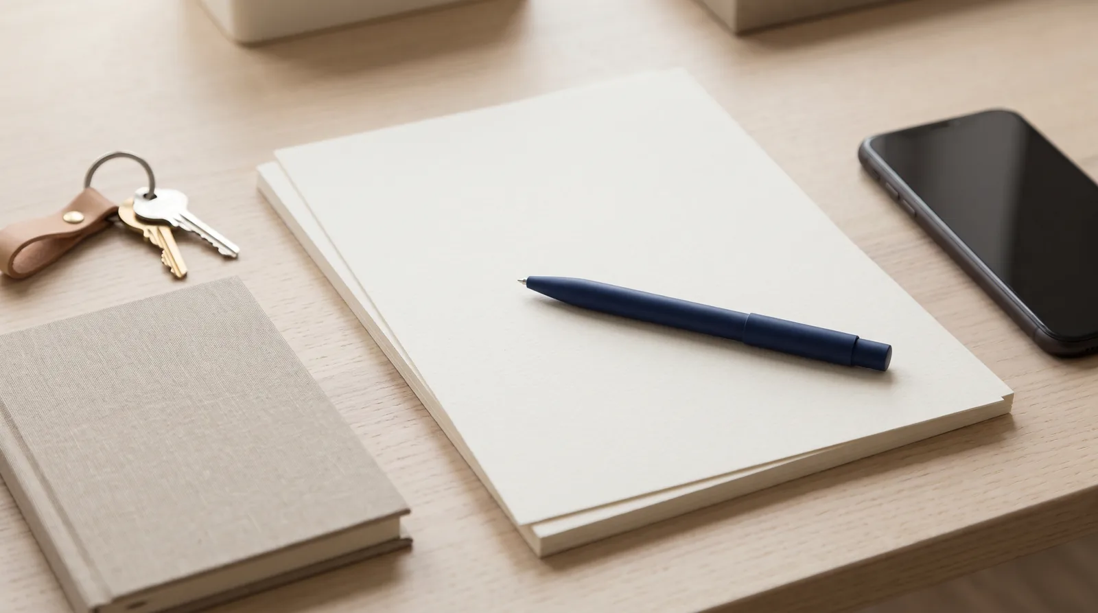 A blank paper form, a navy pen, a set of house keys and a phone lying face down on a pale wooden desk