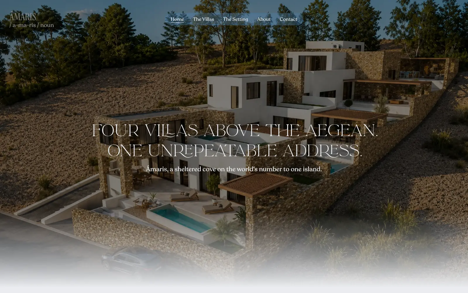The Amaris homepage, four villas on a hillside above the Aegean